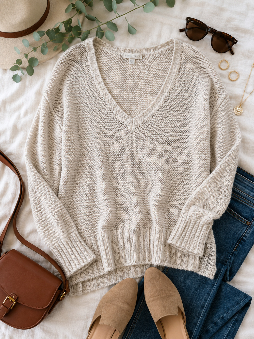 Eileen Fisher Linen Cotton V Neck Sweater Womens Beige Open Knit Lightweight SM